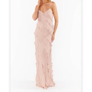 Mumu Satin Blush Pink Maxi Dress Ruffle Trim Sleeveless Formal Gown